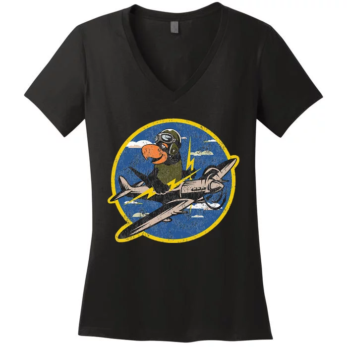 Distressed Ww2 Vintage Patch Fighter Pilot For War Veterans Women's V-Neck T-Shirt