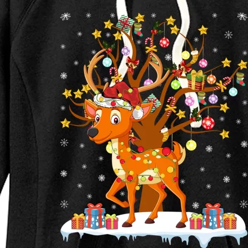 Deer Xmas Lighting Tree Santa Deer Christmas Tree Cool Gift Women's Fleece Hoodie