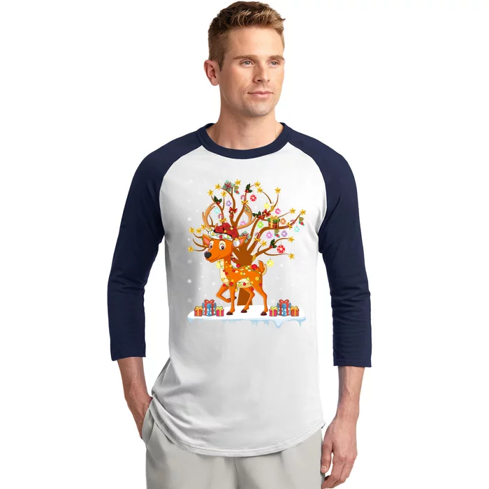 Deer Xmas Lighting Tree Santa Deer Christmas Tree Cool Gift Baseball Sleeve Shirt