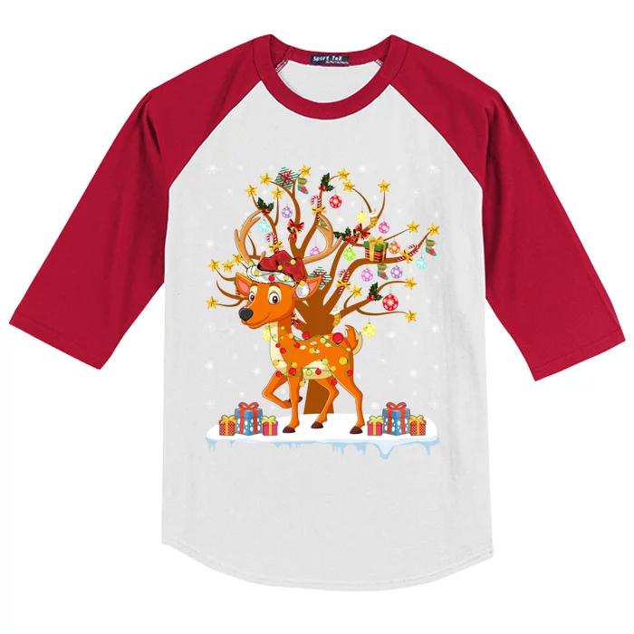 Deer Xmas Lighting Tree Santa Deer Christmas Tree Cool Gift Kids Colorblock Raglan Jersey