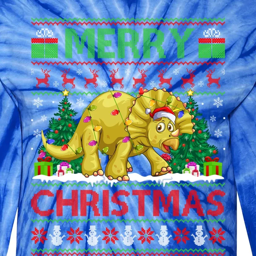 Dinosaur Xmas Lighting Santa Hat Ugly Triceratops Christmas Gift Tie-Dye Long Sleeve Shirt