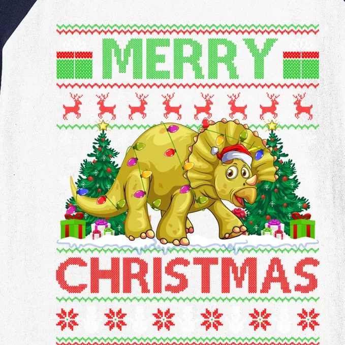 Dinosaur Xmas Lighting Santa Hat Ugly Triceratops Christmas Gift Baseball Sleeve Shirt