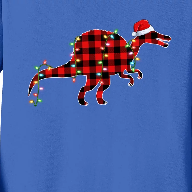 Dinosaur Xmas Tree Lighting Red Plaid T Rex Christmas Gift Kids Long Sleeve Shirt