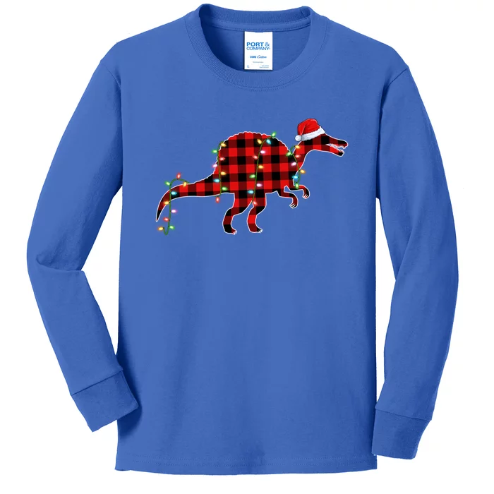 Dinosaur Xmas Tree Lighting Red Plaid T Rex Christmas Gift Kids Long Sleeve Shirt