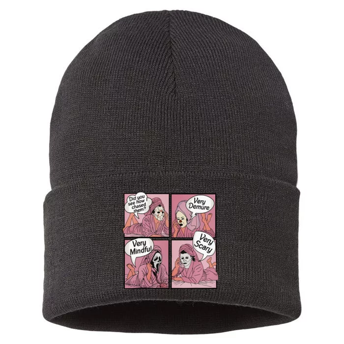 Did You See How I Chased Them Very Demure Classic Horror Sustainable Knit Beanie