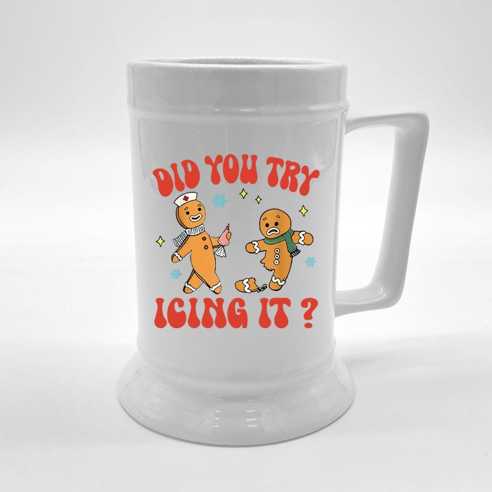 Did You Try Icing It Funny Christmas Nurse Gingerbread Man Front & Back Beer Stein