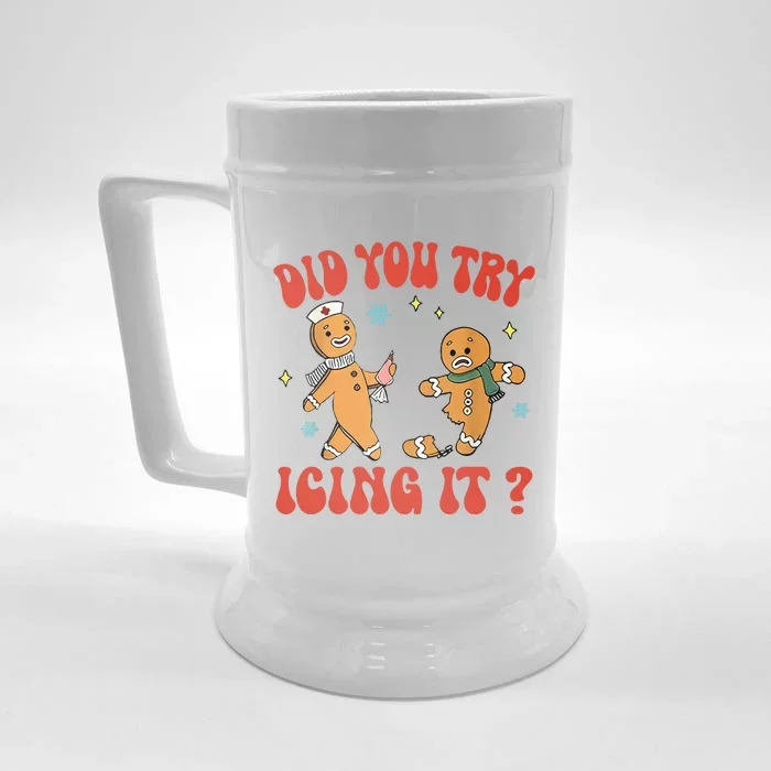 Did You Try Icing It Funny Christmas Nurse Gingerbread Man Front & Back Beer Stein