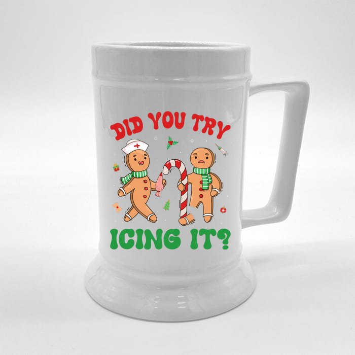 Did You Try Icing It Retro Christmas Gingerbread Nurse Squad Front & Back Beer Stein