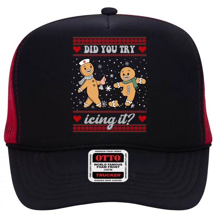 Did You Try Icing It Funny Christmas Gingerbread Cookie High Crown Mesh Trucker Hat