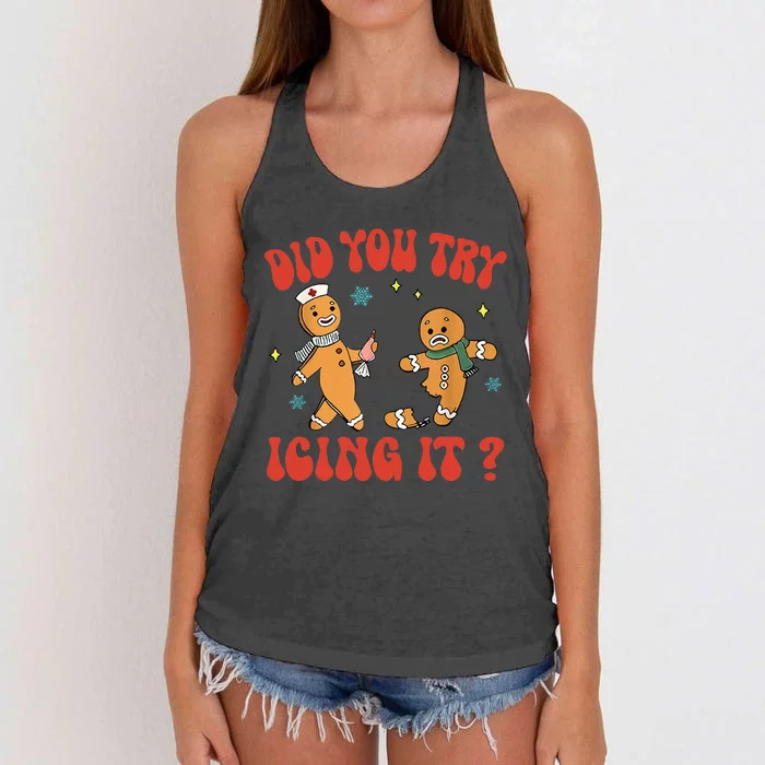 Did You Try Icing It Funny Christmas Nurse Gingerbread Man Women's Knotted Racerback Tank