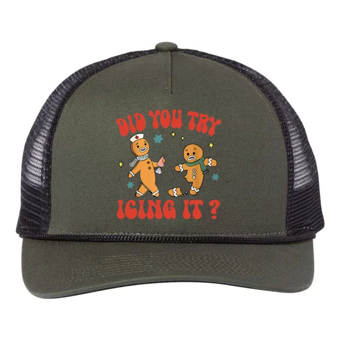 Did You Try Icing It Funny Christmas Nurse Gingerbread Man Retro Rope Trucker Hat Cap