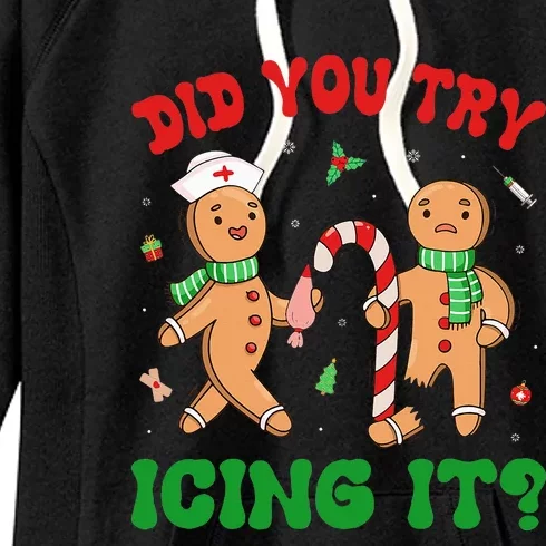 Did You Try Icing It Retro Christmas Gingerbread Nurse Squad Women's Fleece Hoodie