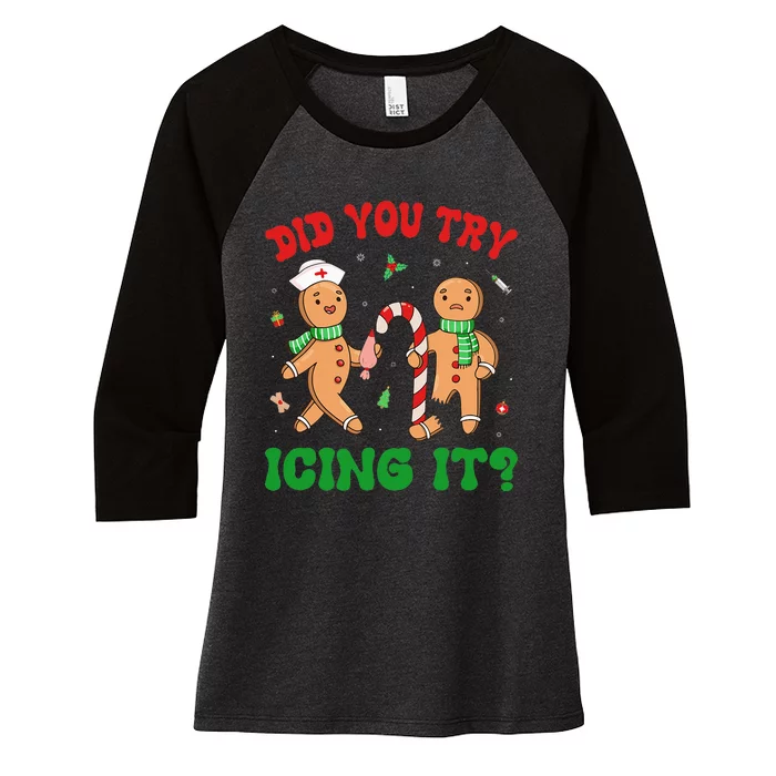 Did You Try Icing It Retro Christmas Gingerbread Nurse Squad Women's Tri-Blend 3/4-Sleeve Raglan Shirt