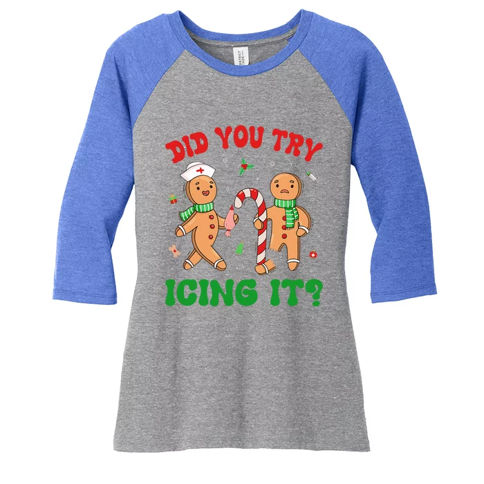 Did You Try Icing It Retro Christmas Gingerbread Nurse Squad Women's Tri-Blend 3/4-Sleeve Raglan Shirt