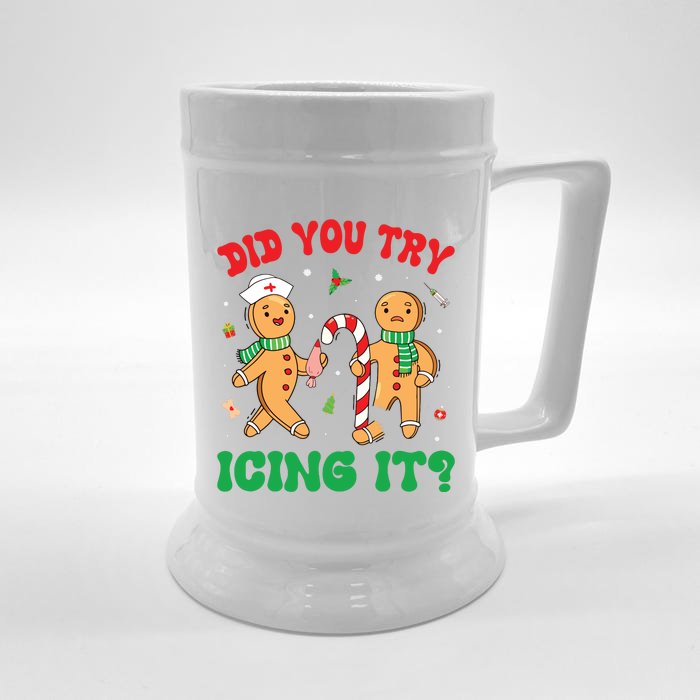 Did You Try Icing It Retro Christmas Gingerbread Nurse Squad Front & Back Beer Stein