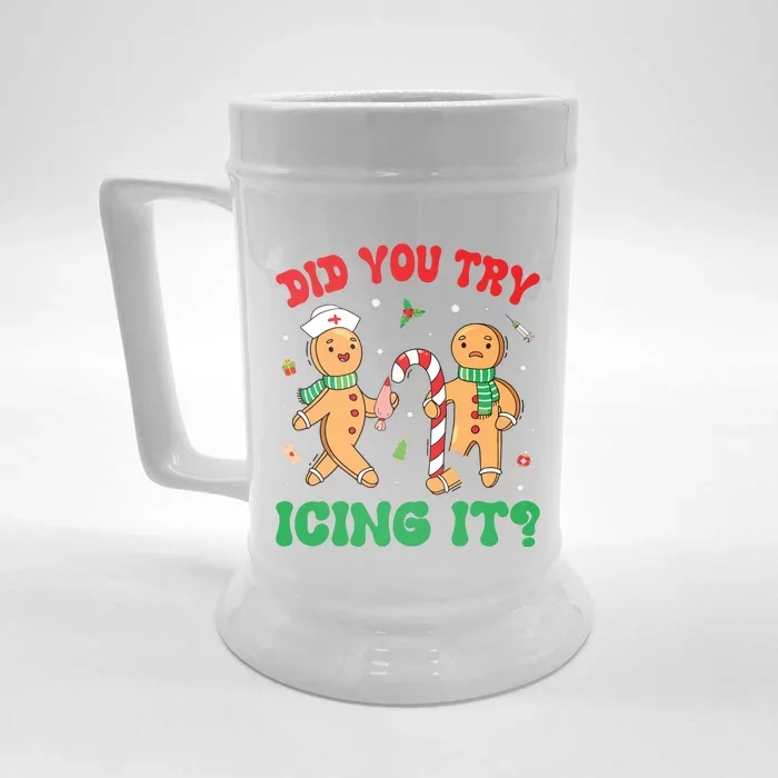 Did You Try Icing It Retro Christmas Gingerbread Nurse Squad Front & Back Beer Stein