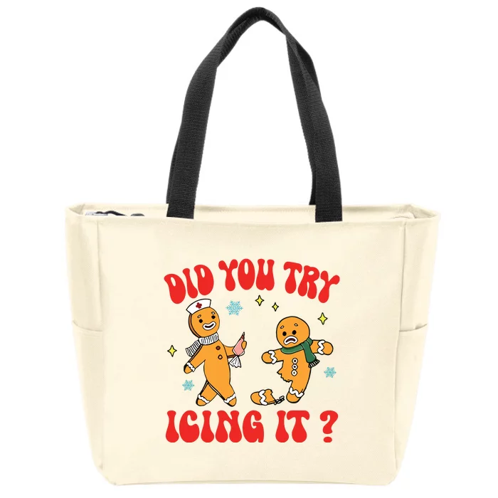 Did You Try Icing It Funny Christmas Nurse Gingerbread Man Long Sleeve Zip Tote Bag