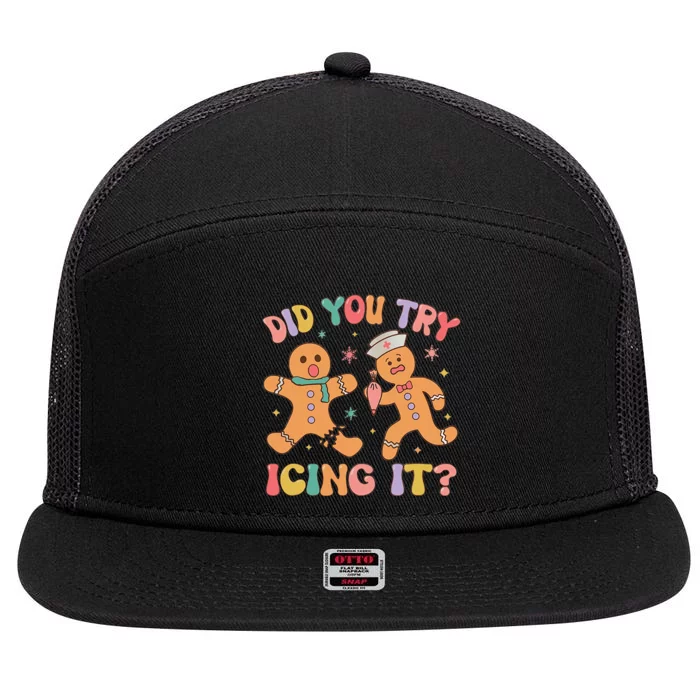 Did You Try Icing It Christmas Gingerbread School Nurse 7 Panel Mesh Trucker Snapback Hat