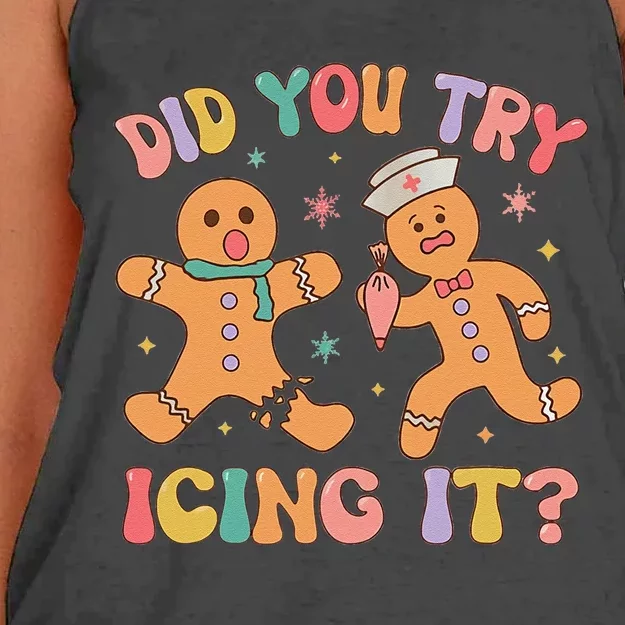 Did You Try Icing It Christmas Gingerbread School Nurse Women's Knotted Racerback Tank