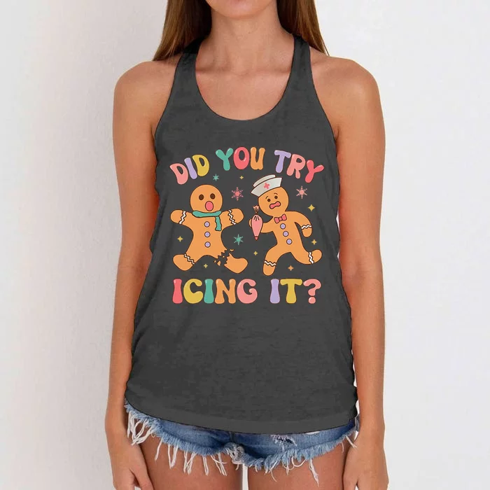 Did You Try Icing It Christmas Gingerbread School Nurse Women's Knotted Racerback Tank