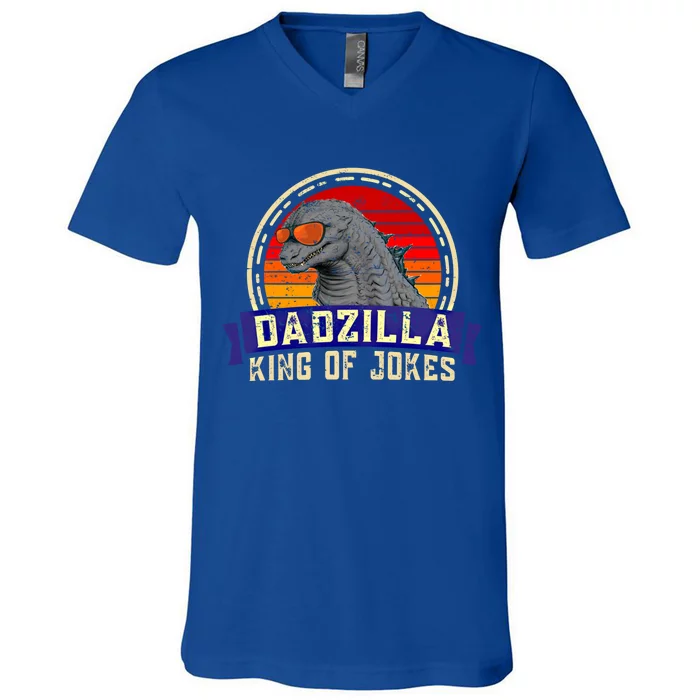 Dad Zilla King Of Jokes Vintage Retro For Fathers Day Gift V-Neck T-Shirt