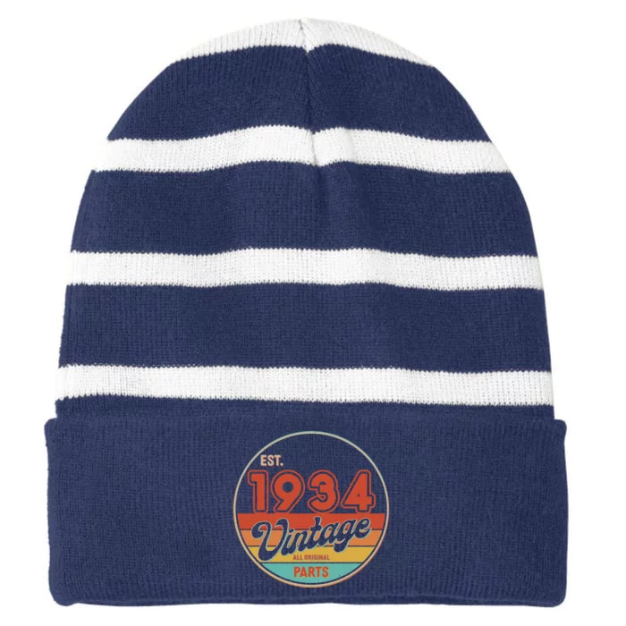 Est 1934 Vintage All Original Parts 90th Birthday Emblem Striped Beanie with Solid Band