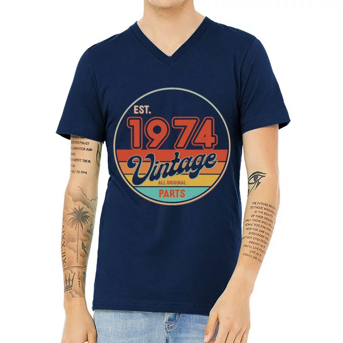 Est 1974 Vintage All Original Parts 50th Birthday Emblem V-Neck T-Shirt