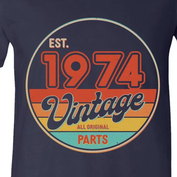 Est 1974 Vintage All Original Parts 50th Birthday Emblem V-Neck T-Shirt