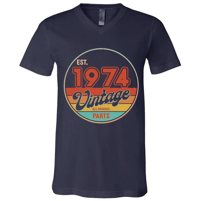 Est 1974 Vintage All Original Parts 50th Birthday Emblem V-Neck T-Shirt