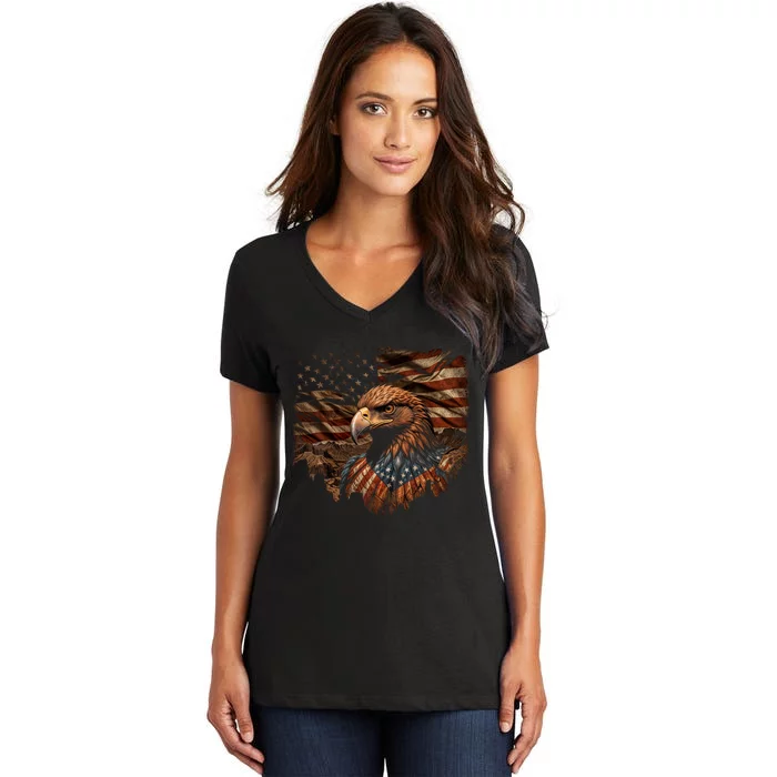 Eagle 4th Of July Usa Flag Patriotic American Women's V-Neck T-Shirt