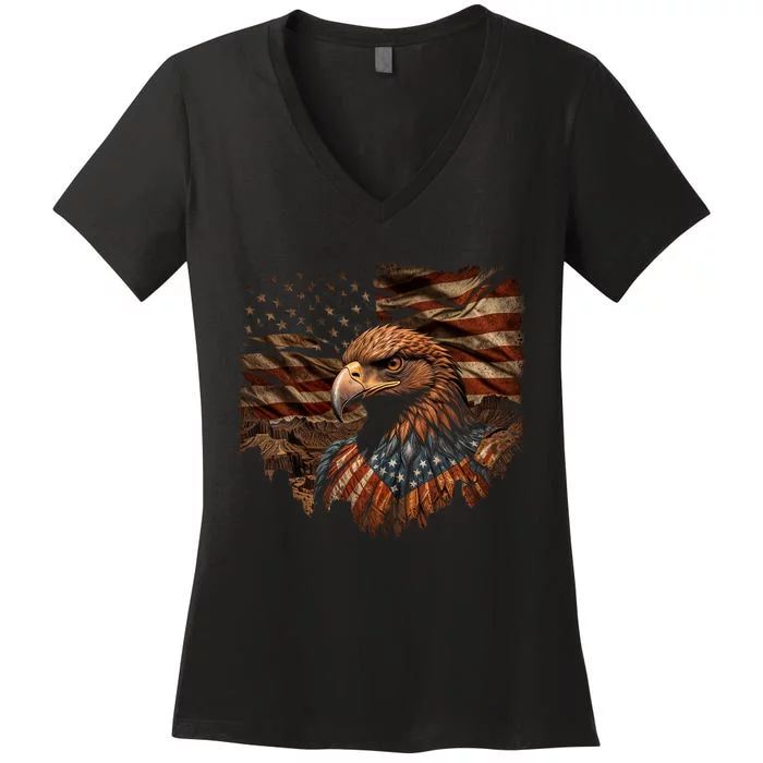 Eagle 4th Of July Usa Flag Patriotic American Women's V-Neck T-Shirt