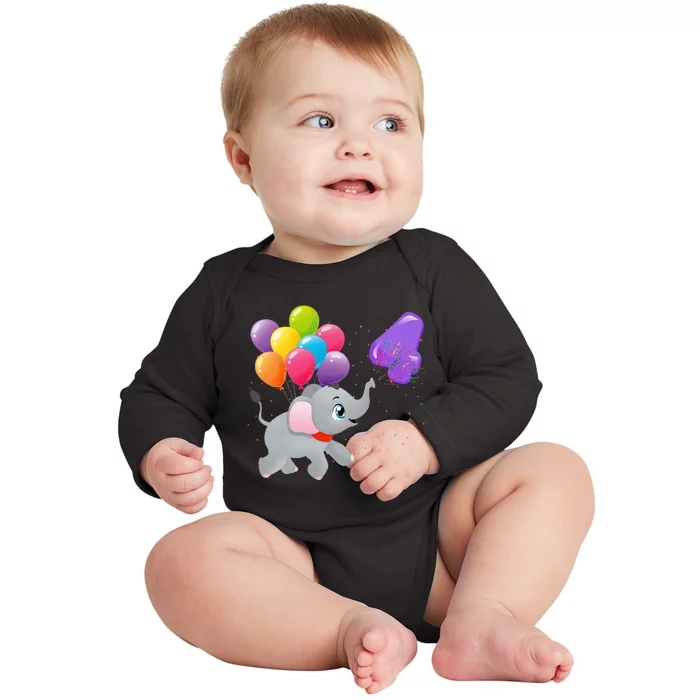 Elephant 4 Years Old Zoo Animals 4th Birthday Baby Long Sleeve Bodysuit