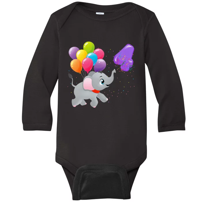 Elephant 4 Years Old Zoo Animals 4th Birthday Baby Long Sleeve Bodysuit