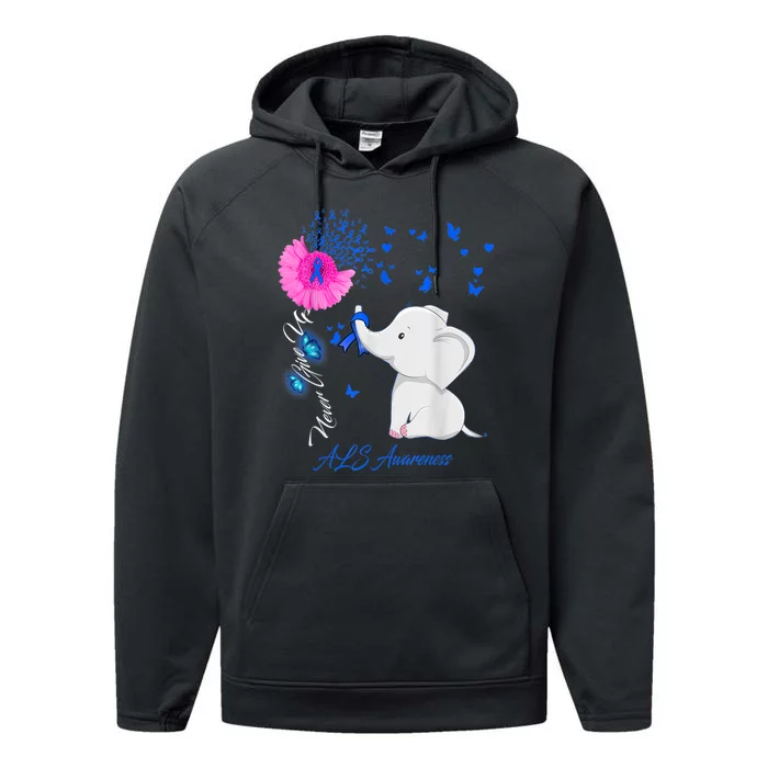 Elephant ALS Awareness - ALS Ribbon Gifts Performance Fleece Hoodie