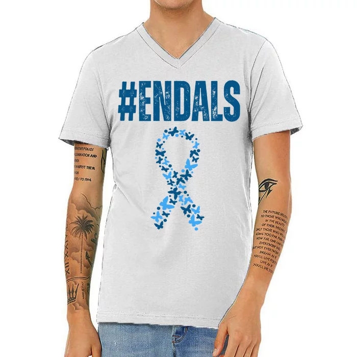 End Als Awareness Support Butterfly Ribbon V-Neck T-Shirt