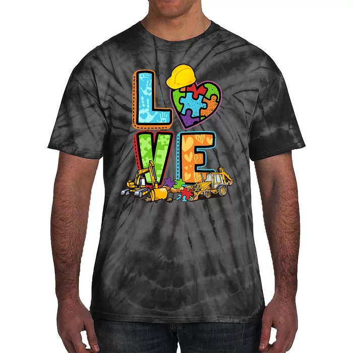 Excavator Autism Awareness Love Heart Autism Tie-Dye T-Shirt