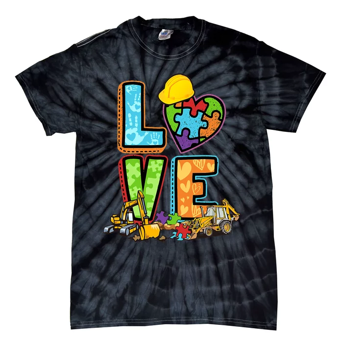 Excavator Autism Awareness Love Heart Autism Tie-Dye T-Shirt