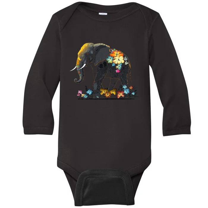 Elephant Animal Africa Art Flowers Elephant Baby Long Sleeve Bodysuit