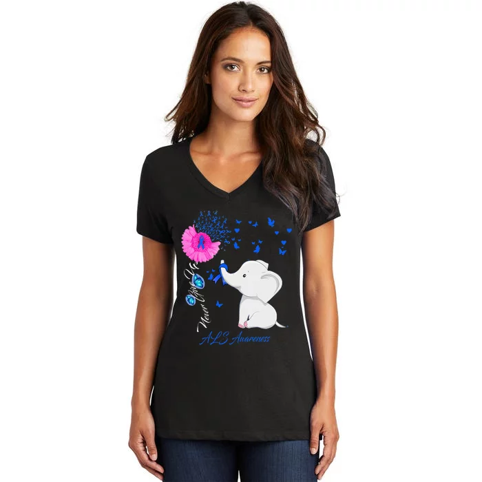 Elephant ALS Awareness - ALS Ribbon Women's V-Neck T-Shirt