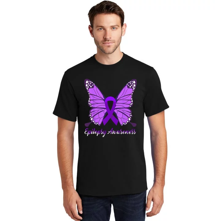 Epilepsy Awareness Butterfly Purple Ribbon Epilepsy Support Tall T-Shirt