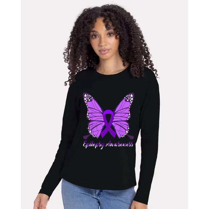 Epilepsy Awareness Butterfly Purple Ribbon Epilepsy Support Womens Cotton Relaxed Long Sleeve T-Shirt