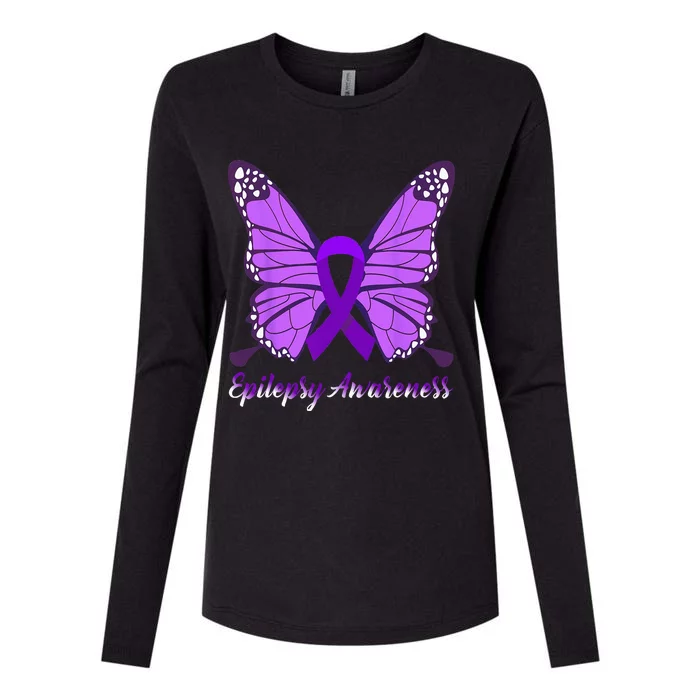 Epilepsy Awareness Butterfly Purple Ribbon Epilepsy Support Womens Cotton Relaxed Long Sleeve T-Shirt