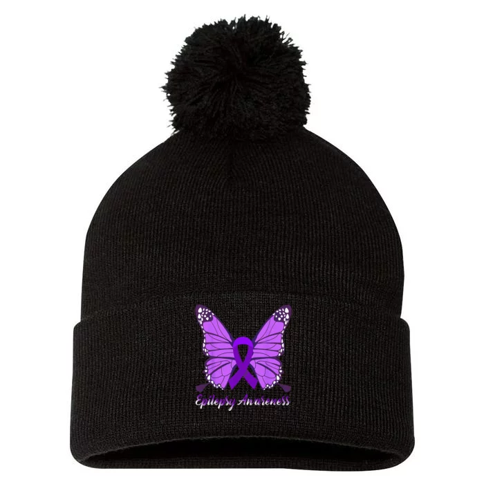 Epilepsy Awareness Butterfly Purple Ribbon Epilepsy Support Pom Pom 12in Knit Beanie