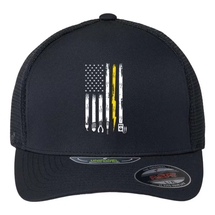 Electrician American Flag USA Flexfit Unipanel Trucker Cap