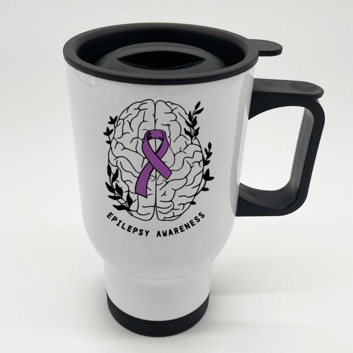 Epilepsy Awareness For Epilepsy Warrior Purple Ribbon Neurodiversity Front & Back Stainless Steel Travel Mug