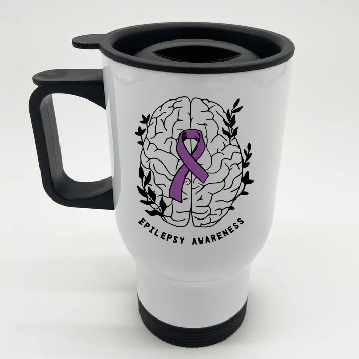 Epilepsy Awareness For Epilepsy Warrior Purple Ribbon Neurodiversity Front & Back Stainless Steel Travel Mug