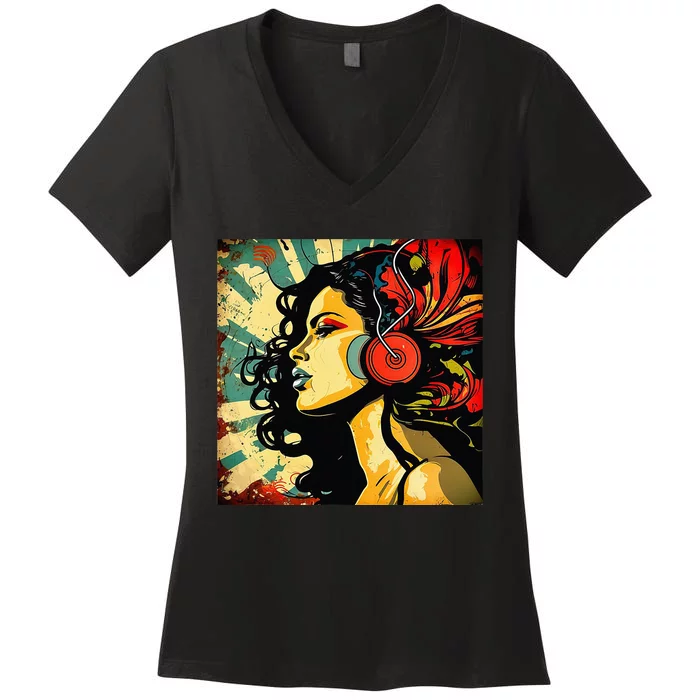 Excessivism Art Latina Woman Listening to Music Women's V-Neck T-Shirt