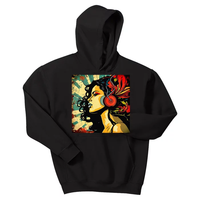 Excessivism Art Latina Woman Listening to Music Kids Hoodie