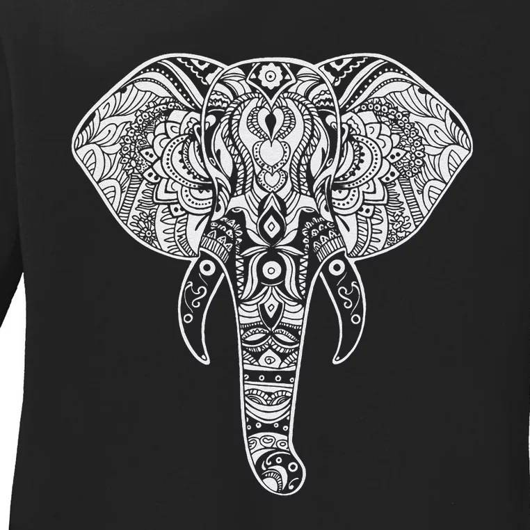 Elephant Art Mandala Design Spiritual Elephant Nature Ladies Long Sleeve Shirt