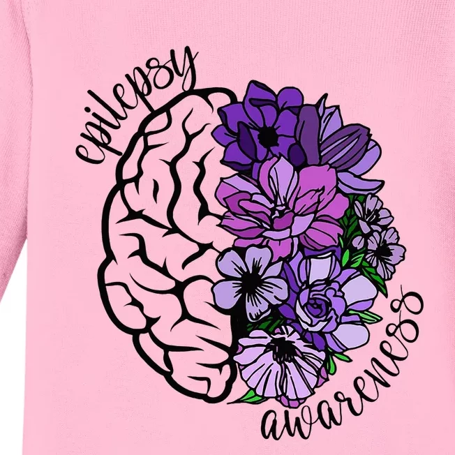 Epilepsy Awareness Purple Brain Flower Baby Long Sleeve Bodysuit